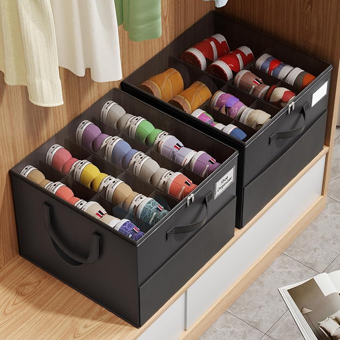 2 Pack Shoe Organizer for Closet, Large Shoe Box Storage Containers, Black
