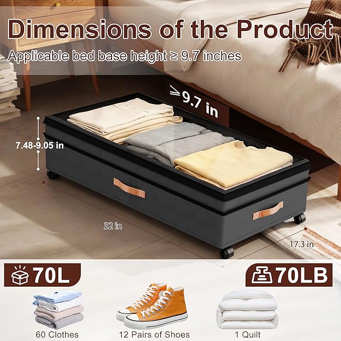 Under Bed Storage Organizer with Wheels - 2Pack 70L Extra Large Rolling Storage Bins with Clear Lid & Labels for Clothes, Shoes, Blankets (XXL, Black)