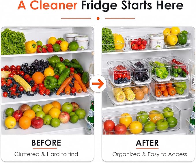 SMRCAD 10 Pack Refrigerator Organizers, Clear Container and Organizer Bins with Lids, Stackable Storage Containers for Fruits, Vegetable (Set of 10)