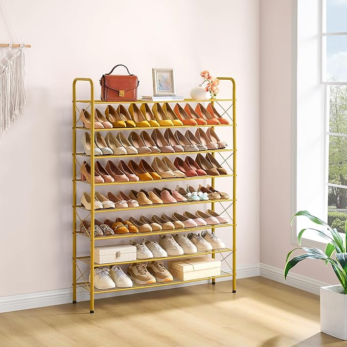 Hoctieon 8 Tier Shoe Rack for Closet, Durable Mesh Style Shoe Rack, Entryway Shoe Shelf, Shoe Storage Organizer for Hallway, Bedroom, Living Room, Wardrobe, Gold