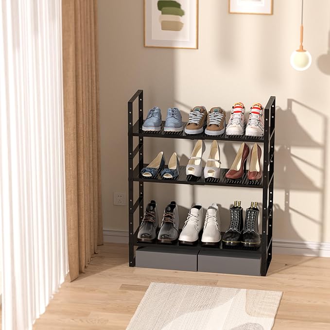 Multi-Functional Metal Shoe Rack,Expandable Adjustable Stackable Kitchen Organizer,Metal Shelf risers for cabinets, Kitchens,Closet and Bathroom(1Pack/Black/Large)
