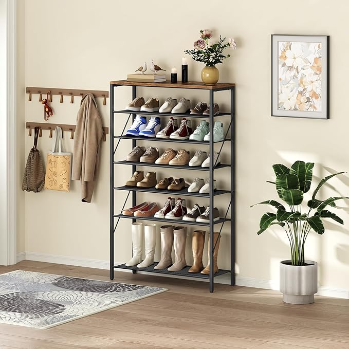 MAHANCRIS 8 Tier Shoe Rack Organizer for Closet, Holds 28-32 Pairs, Tall Metal Shoe Storage Shelf for Entryway Bedroom, Sturdy Freestanding Shoe Rack Space Saving, Large Capacity, Rustic Brown