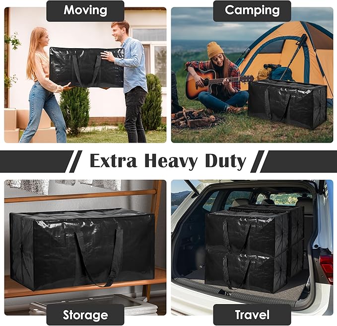 12 Pack Moving Bags with Full-Open Side Zipper, Extra Large 93L Heavy Duty Waterproof Foldable Storage Totes for College Dorm, Moving & Home Organization Black