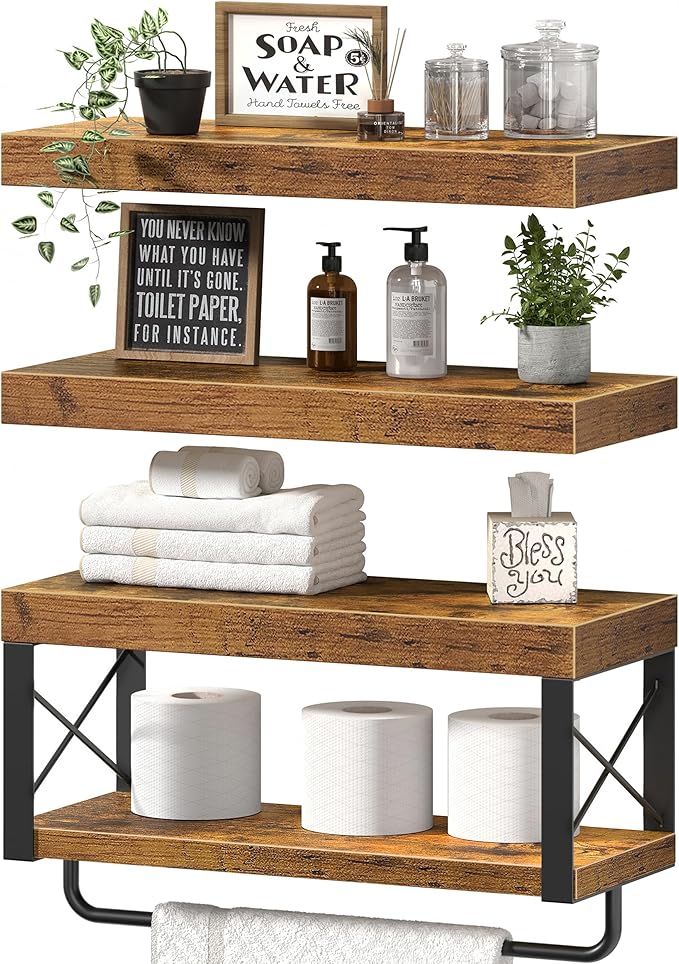QEEIG Bathroom Shelves Over Toilet - Floating Shelf for Wall Toilet Paper Storage Farmhouse 16 inch Set of 3, Rustic Brown (029-40BN3)