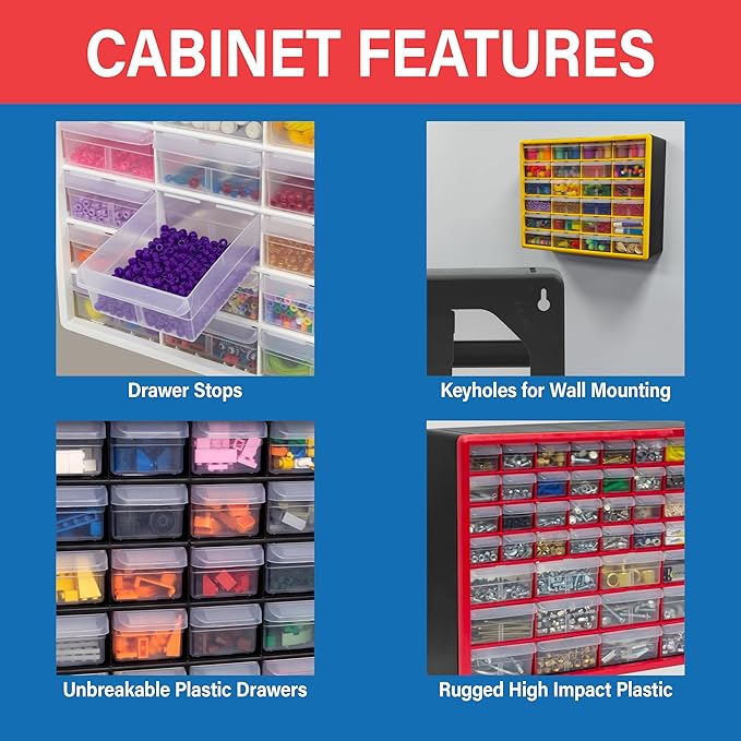 Akro-Mils 24-Drawer Plastic Drawer Storage Cabinet for Garage Organization, Bead Organizer, Building Bricks Storage, Teacher Toolbox, Makeup Organizer, 20" W x 6" D x 16" H, 10124 Yellow