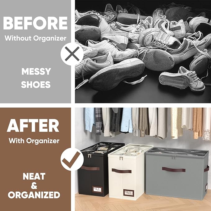 OIAHOMY 4 Pack Shoe Organizer for Closet, Foldable Shoe Storage Bins with Adjustable Dividers, Stackable Oxford Cloth Sneaker Boxes for Entryway Bedroom, Fits Up to 32 Pairs, Grey