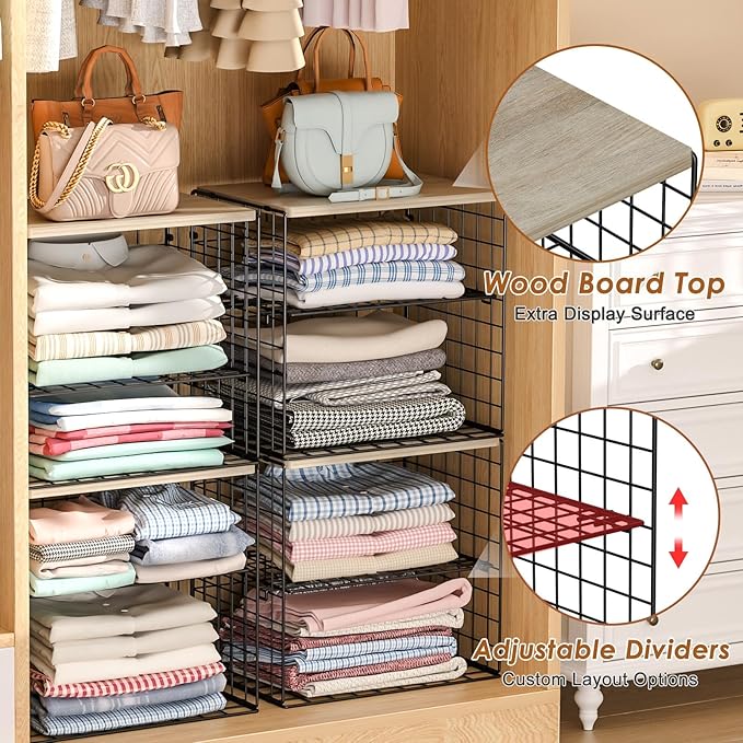 4-Tier Widened Closet Organizers and Storage, Extra Long Stackable Closet Shelf Organizer with Adjustable Dividers and Wood Top, Large Closet Storage Basket for Clothes, Jeans, Wardrobe Organization
