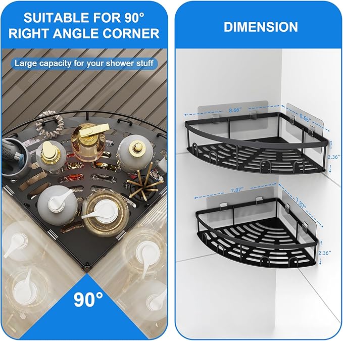 Corner Shower Caddy - Stainless Steel 2 Pack Adhesive Bathroom Organizers and Storage,No Drilling Shower Shelves Rustproof Wall Mounted Shower Organizer Rack,Shower Shelf for Inside Shower(Black)