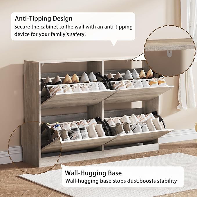 Shoe Storage Cabinet, Wood Shoe Organizer for Entryway with 4 Flip Drawers, Freestanding Shoe Rack with Adjustable Shelf, Narrow Shoe Dresser for Front Door Entrance(Grey, 47.24" x 32.28" x 9.44")