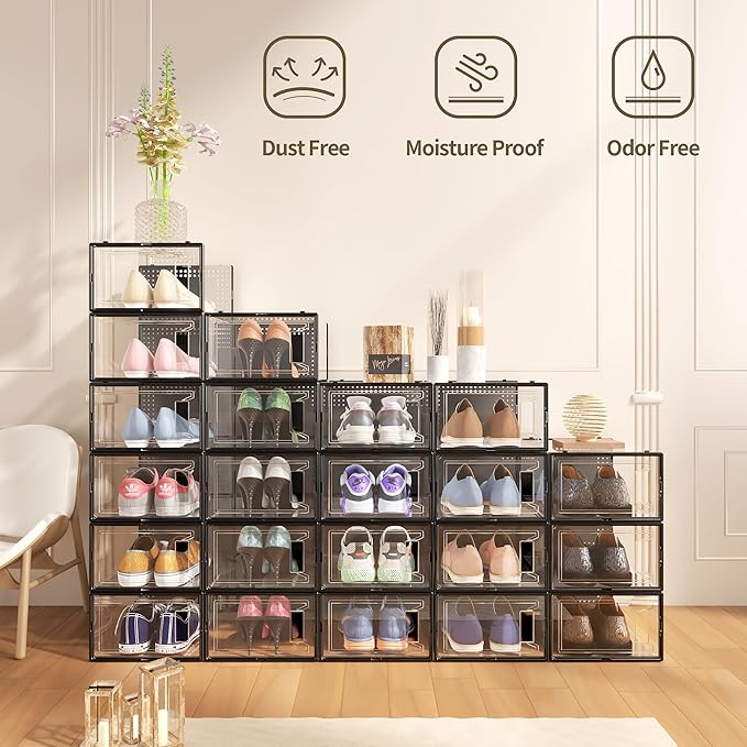 12 Pack XX-Large Clear Shoe Storage Boxes, Stackable Modular Plastic Shoe Organizer Front-Opening Door, Fit up to US Size 9 to13, Ventilated Dust-Proof Sneaker Display Cases Closet and Entryway, Black