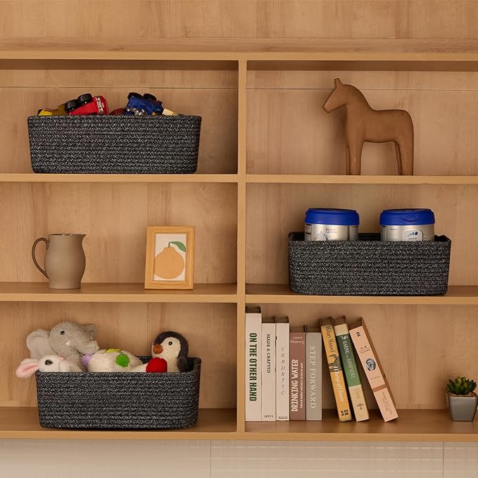 MiniArk Large Shallow Organizing Baskets 15x11x5.1 Inches - Rope Woven Storage Bins for Bathroom, Shelves, Cube Closet, Mixed Black 3 Packs