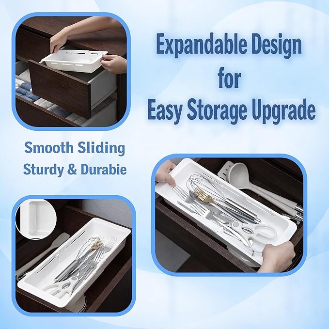 3-Pack Expandable Drawer Organizer for Deep Drawers, Adjustable 17–27 in Storage Tray, Durable PP Smooth Glide Divider for Kitchen, Vanity & Office, Space-Saving Design
