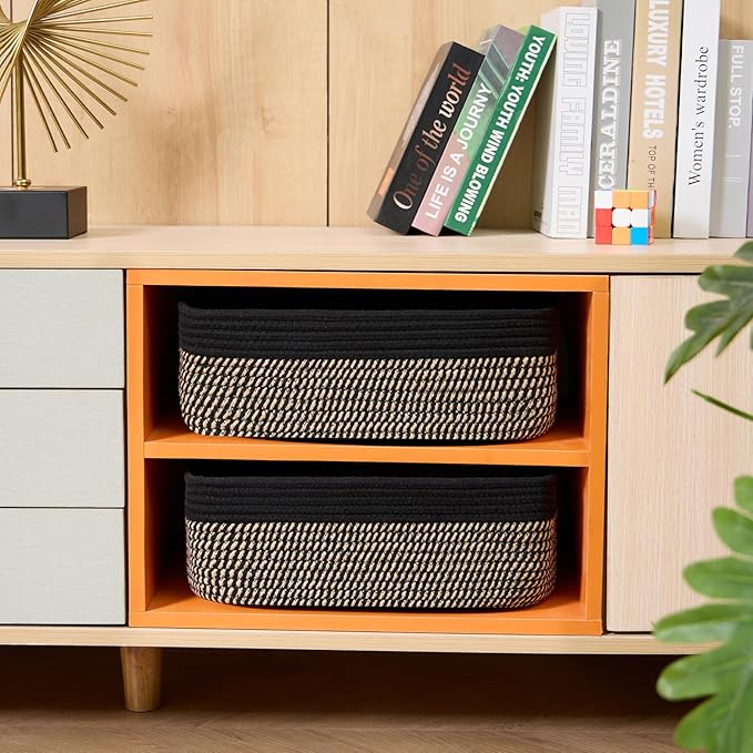 MiniArk Large Shallow Organizing Baskets 15x11x5.1 Inches - Rope Woven Storage Bins for Bathroom, Shelves, Cube Closet, Black Woven Brown 2 Packs