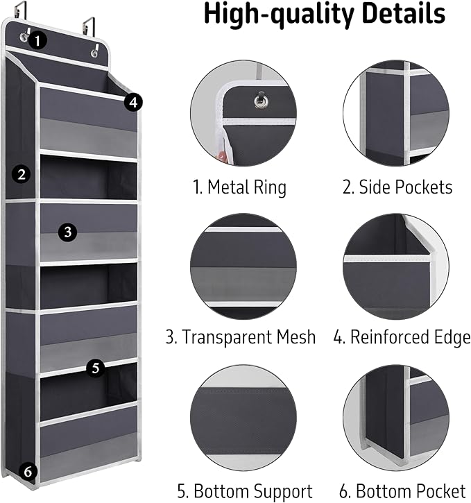 Over The Door Hanging Organizer with 4 Large Pockets, Closet, Bathroom, Gray
