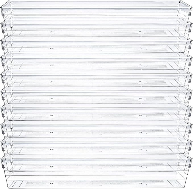 Kingrol 10 Pack 12 x 3 x 2 Inch Clear Drawer Organizer Trays, Desk Drawer Divider Storage Bins, Storage Box Set for Kitchen Bathroom Office Supplies