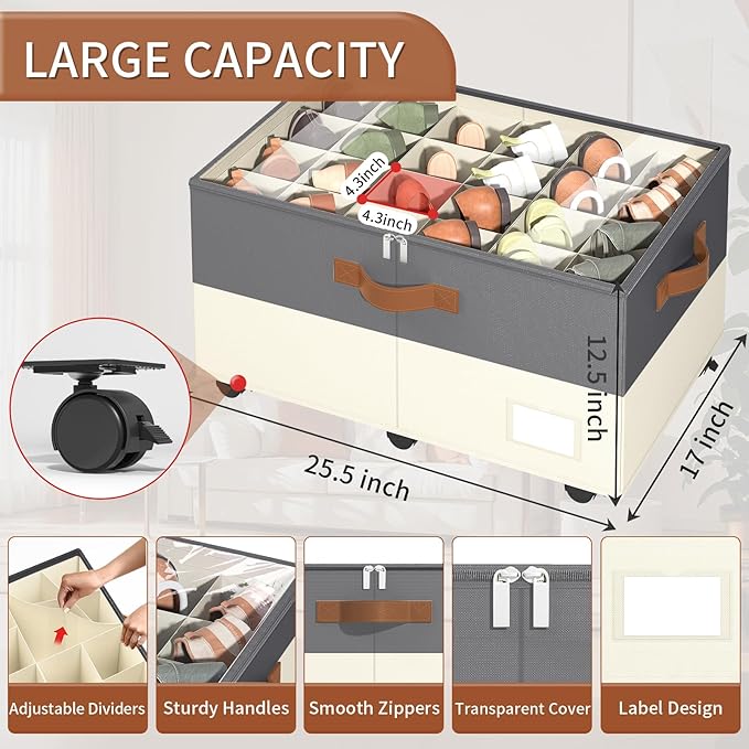 Shoe Organizer for Closet, 2 Pack Shoe Storage Organizer with Wheels and Adjustable Dividers, Shoe Storage Box with Clear Cover, Foldable Closet Shoe Organizer Fits up to 24-48 Pairs, Gray and Beige