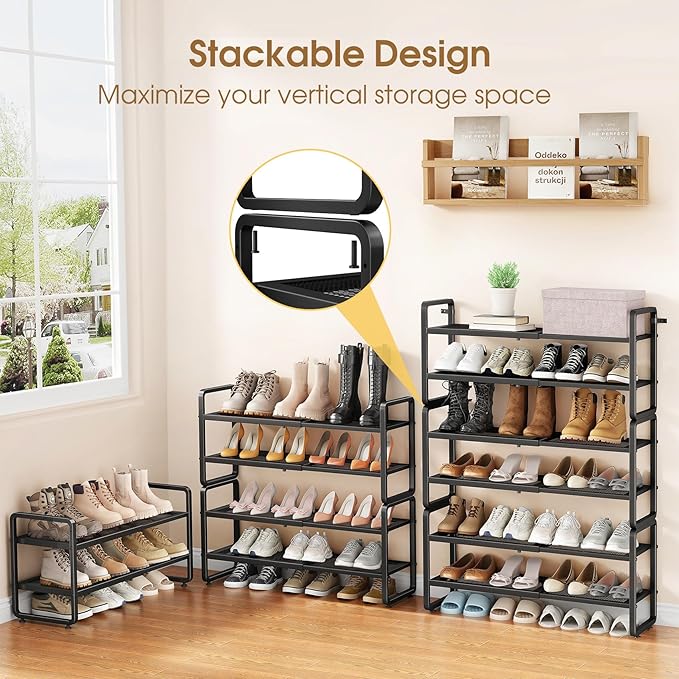 Expandable Shoe Rack for Closet, Black, 4-Tier