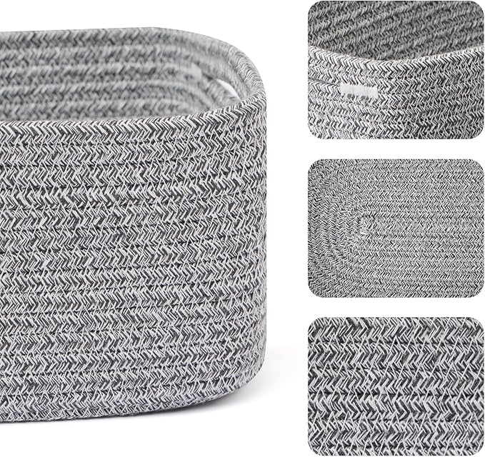 MiniArk Small Storage Baskets for Organizing | Closet Organizer Bins | Shelf Toy Basket | Woven Rope Baskets | Cube Decorative Box | Shallow Basket | 13x8.5x5.1” | 4 Packs Mixed Grey
