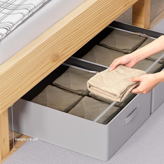 CYhom 3Pcs Under Bed Storage Bins with Metal Frame - Shoe Organizer for Closet with Clear Cover Oxford Fabric Sturdy Underbed Container Foldable Stackable Clothes Organizer (Grey, 23.5x19.7x6.3)