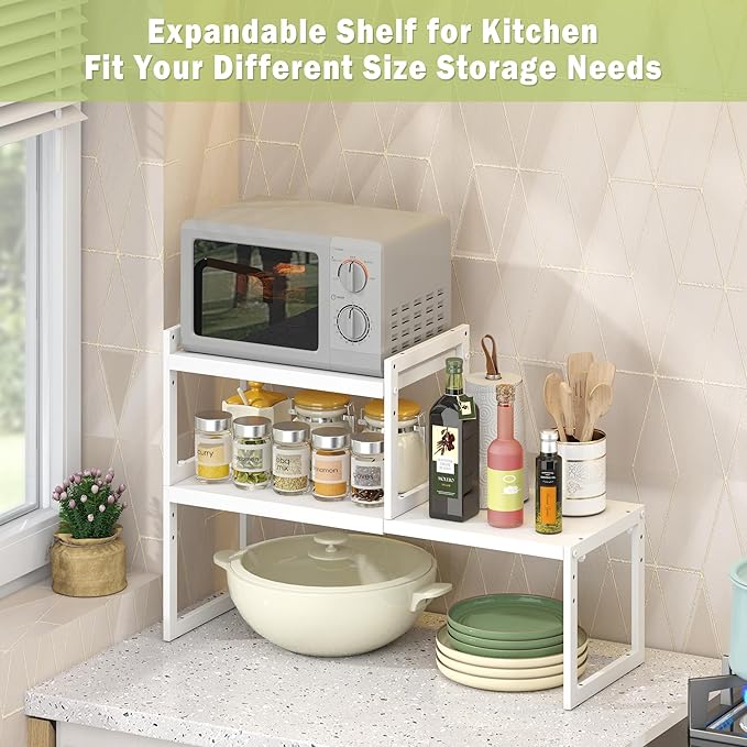 DOLALIKE Expandable Kitchen Countertop Organizer, Stackable Cabinet Shelf Organizers, Space Saving Spice Rack Pantry Storage for Bathroom Office Organization (White, 1 Tier)