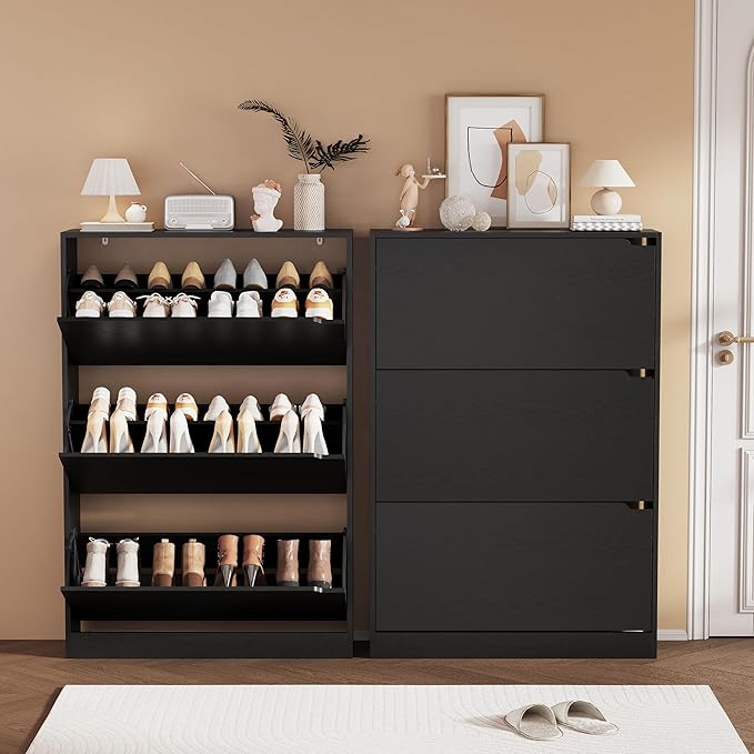 Shoe Storage Cabinet, Wood Shoe Organizer for Entryway with 3 Flip Drawers, Freestanding Shoe Rack with Adjustable Shelf, Narrow Shoe Dresser for Front Door Entrance(Black, 47.2" x 31.5" x 9.25")