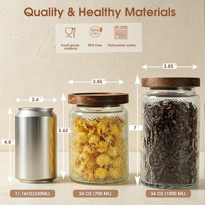 24 OZ Airtight Glass Storage Jar with Bamboo Lid - Vintage Glass Jar Vintage Food Containers Canisters Set for Kitchen Counter & Pantry - Ideal for Sugar, Flour, Coffee, Tea, Candy, Oats -2 Pack