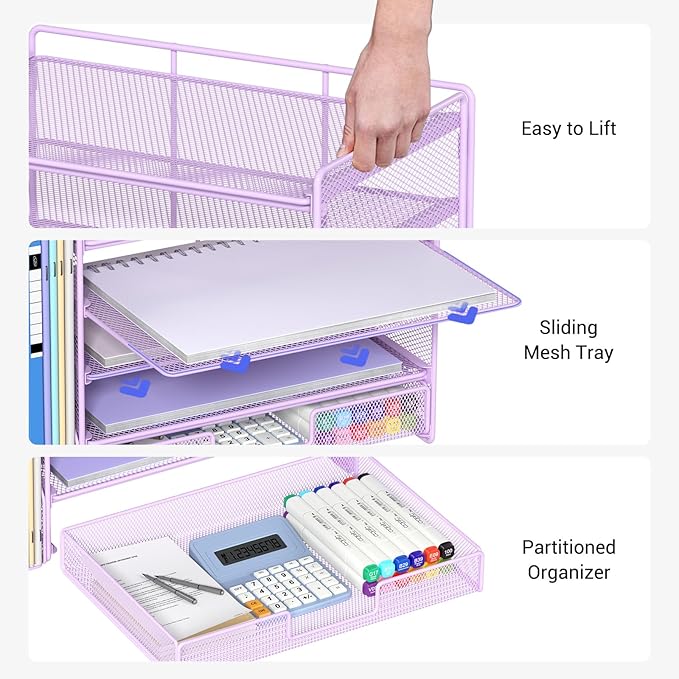 OPNICE Desk Organizer, 5-Tier Paper File Organizer with Drawer & Pen Holder, Office Desk Accessories, Workspace Desktop Organizer for Office Supplies(Purple)