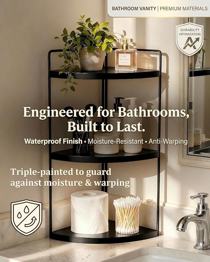 3-Tier Corner Bathroom Countertop Organizer, Solid Pine Wood Vanity Corner Shelf for Skincare & Makeup, Waterproof Standing Rack for Bathroom, Vanity, Kitchen & Dresser, Large 15.7"H, Black
