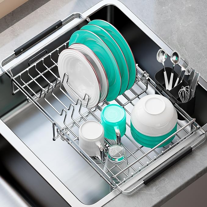 Urackify Dish Drying Rack in Sink - Stainless Steel Expandable (14.5''-18''L) Over The Sink Dish Rack with Utensil Holder, Space-Saving Dish Drainer for Kitchen Counter, Silver