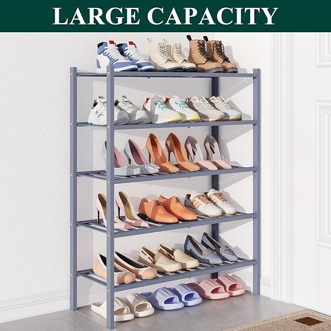 Smiry Bamboo Shoe Rack for Closet, 5 Tier Wooden Shoe Organizer, Stackable Wood Shoe Storage Shelf for Entryway, 14 Vertical Slats, 2+3 Stack Heavy-Duty Legs, 26.77"x11.02"x31.3", Grey