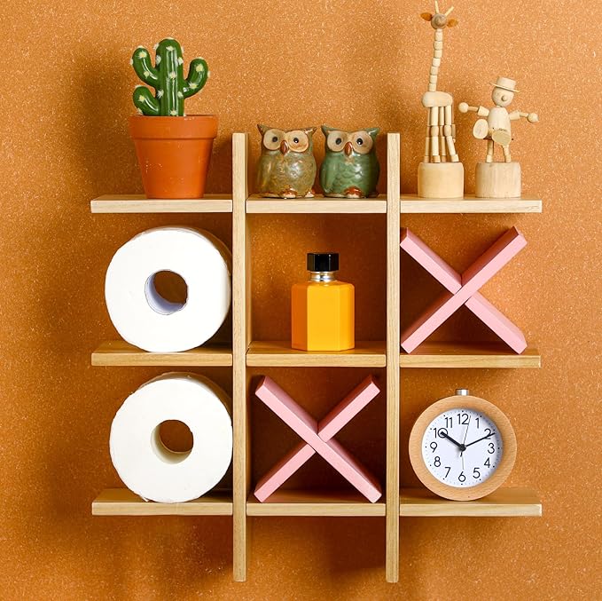 Weysat Tic Tac Toe Toilet Paper Holder Stand Bathroom Wall Decor Rustic Wooden Hanging Storage Freestanding Wall Mounted Shelves Decor for Toilet Tissue Farmhouse(Wood Color, Pink)