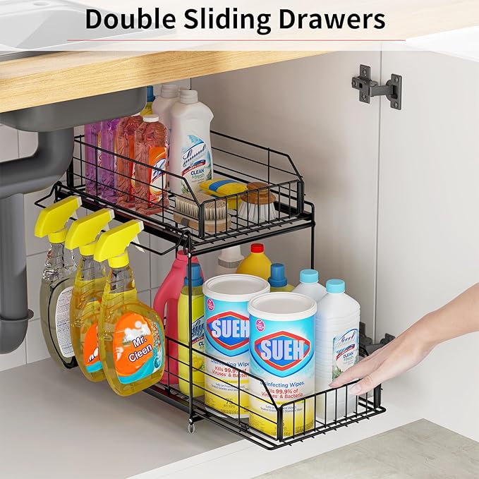 SUEH DESIGN Under Sink Organizer, 2 Tier Bathroom Cabinet Organizer Metal Kitchen Sink Organzier with Hanging Rail for Kitchen Bathroom Organization and Storage, 1 Pack