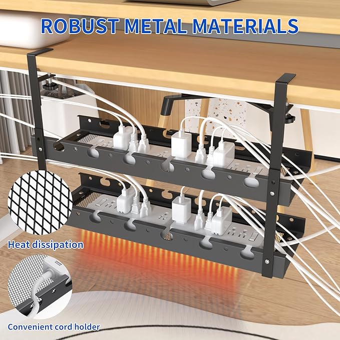 Under Desk Cable Management Raceway Clamp 2 Hole 31 Inch No Drill Cord Organizer for Standing Desk Sturdy Metal Office Desk Wire Management - No Damage to Table