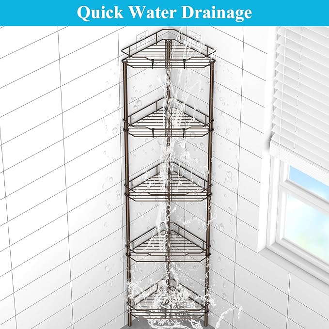 5 Tier Floor Standing Corner Shower Caddy Organizer Shelf with Hooks, Bronze