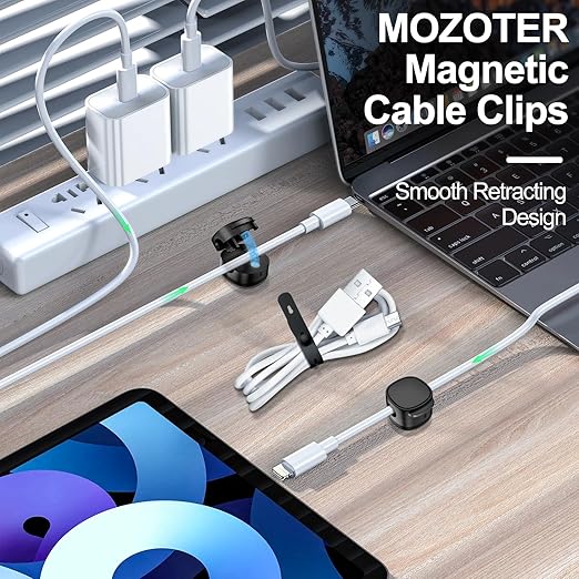 MOZOTER 6 Pack,Magnetic Cable Clips & Silicon Cable Ties,Cord Holder[Cable Smooth Adjustable Desk Organizer],Under Desk Cable Management,Adhesive Home Office Wire Holder Keeper Wire Sets-Black