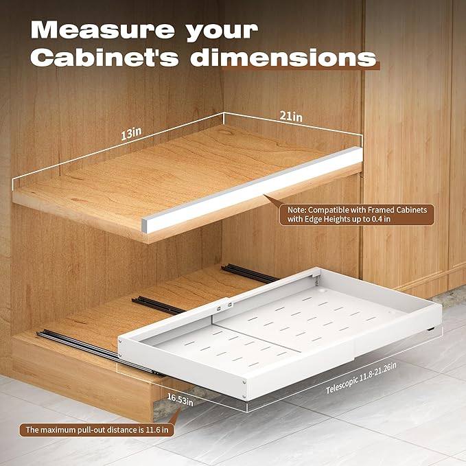 2 Pack Pull Out Cabinet Organizer Expandable,Adjustable 12-21 Inch Width Slide Out Drawer Shelves,Painted Carbon Steel with Heightening Pad,No Drill,for Kitchen/Bathroom/Pantry/Under Sink/Laundry Room