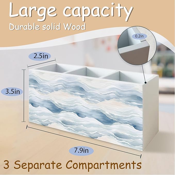 Ocean Waves Beach Pen Pencil Holder Organizer for Desk, Watercolor Coastal Beach Wooden Box Block Sign for Home Office Tabletop Decor