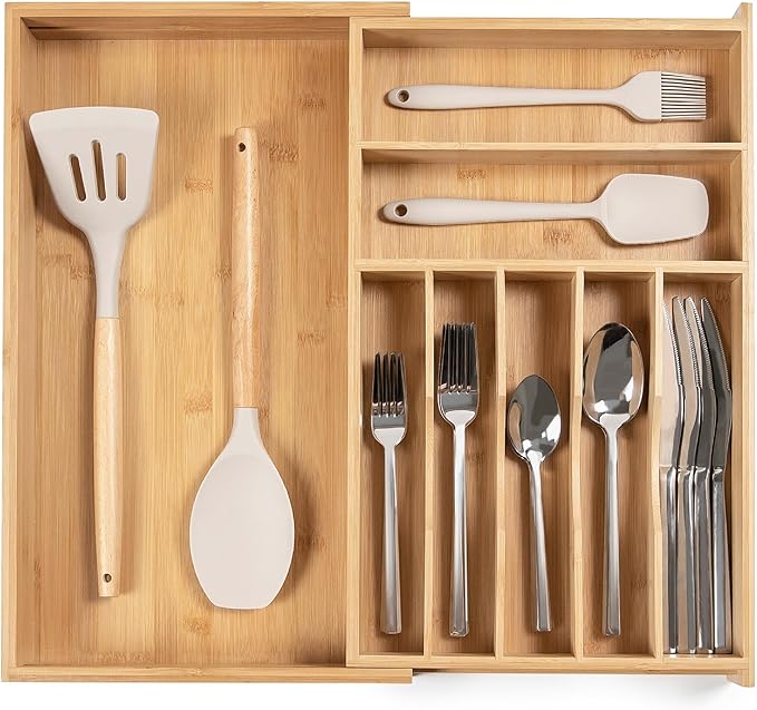 KitchenEdge Premium Silverware, Flatware and Utensil Organizer for Kitchen Drawers, Food-Safe Contract Grade, Expandable from 10.5 to 19 In, Natural Bamboo