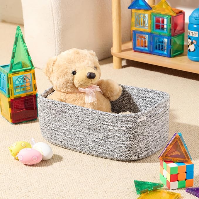 MiniArk Small Storage Baskets for Organizing | Closet Organizer Bins | Shelf Toy Basket | Woven Rope Baskets | Cube Decorative Box | Shallow Basket | 13x8.5x5.1” | 4 Packs Mixed Grey