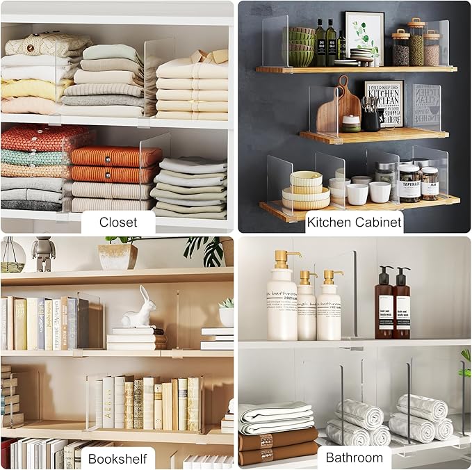 Purse Organizer for Closet Shelf Dividers: 16-Pack Adjustable Clear Acrylic Bag Storage Organizer for Handbags, Sweaters, Towels, Jeans and Shoes on Wood Shelves