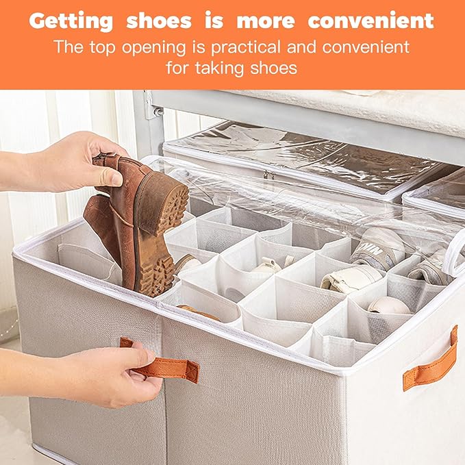 2 Pack Shoe Organizer for Closet - under bed storage shoe organizer with Adjustable Dividers and Clear Cover, Stackable shoe rack Fit 16 to 32 Pairs for dorm room essentials (cream-colored, 16 grids)