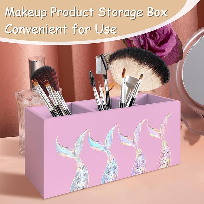 Mermaid Gifts for Girls Women, Pastel Mermaid Beach Pen Pencil Holder Organizer for Desk, Coastal Ocean Wooden Box Block Sign for Home Classroom Dorm Office Tabletop Decor（Pink）