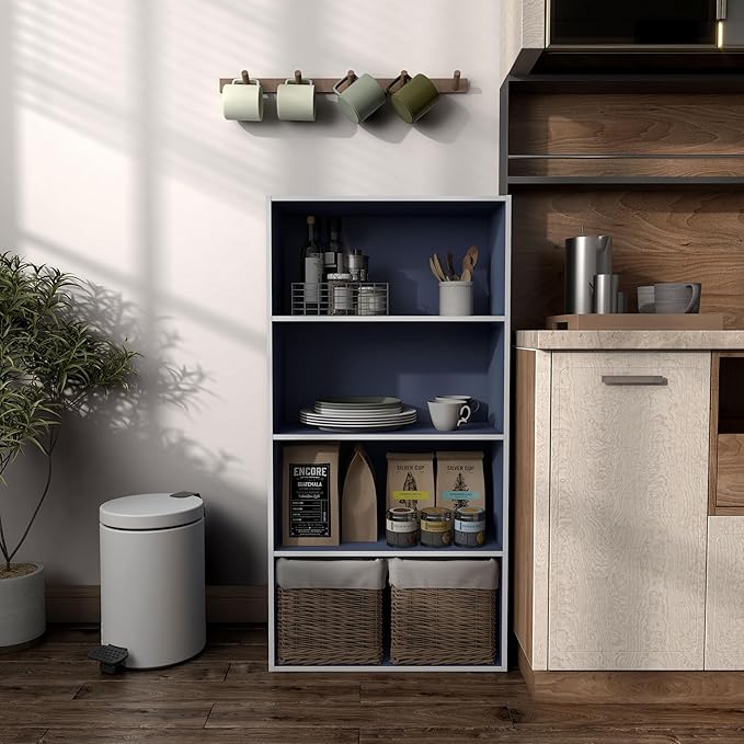 Homes: Inside + Out Apexa 4-Tier Cube Storage Organizer Shelves, Stackable Wood Bookcase Fits Cubby Bins for Organization, Dorm Teen Room Decor & Home Office, Steel Blue