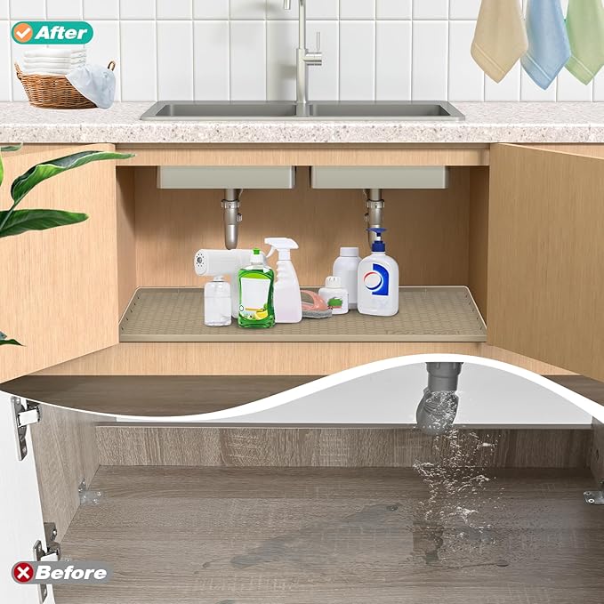 Waterproof Under Sink Mat 31" x 22", Silicone Cabinet Liner, Rubber Protector for Kitchen and Bathroom, Keeps Cabinets Clean, Dry, and Organized (Light Grey)
