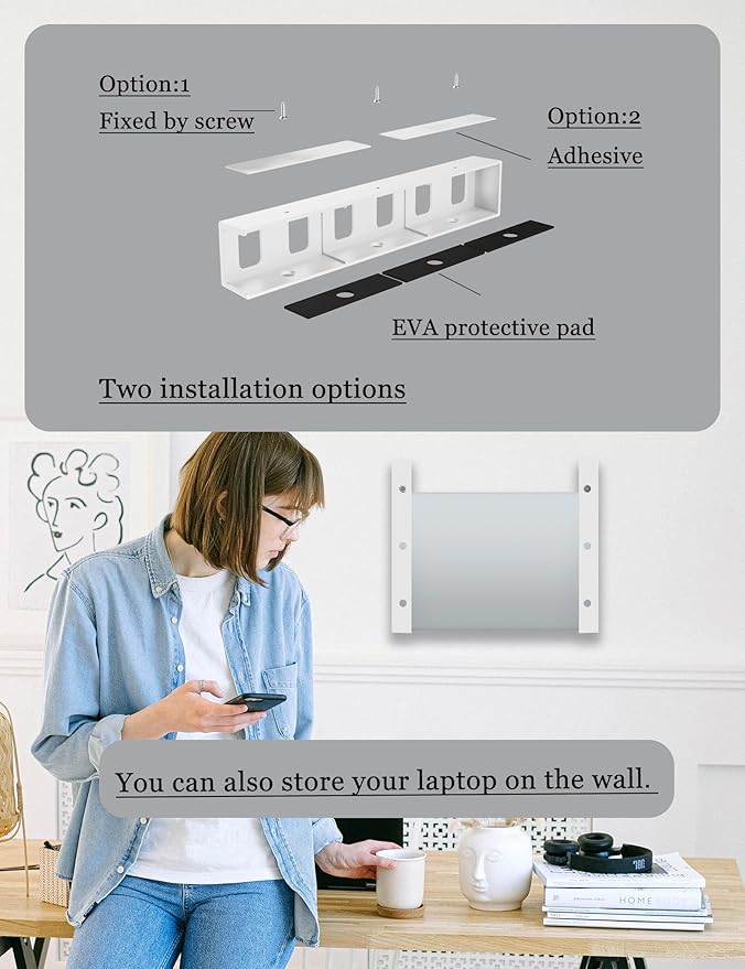 Under Desk Mount Holder or Wall Mount, Fit for Laptop, Keyboard, Routers, Modems, Cable Box, Network Switch and Devices Up to 40mm/1.57in Thick (White)