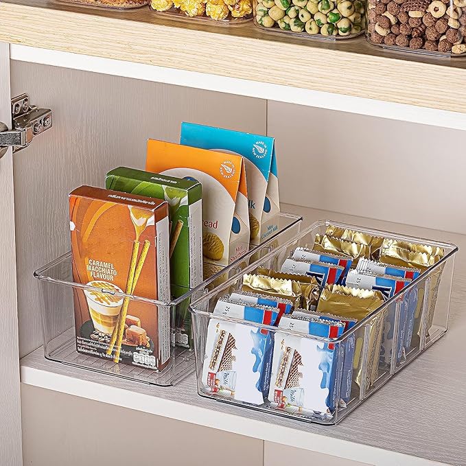 2 Pack Food Storage Organizer Bins, Clear Plastic Bins for Pantry, Kitchen