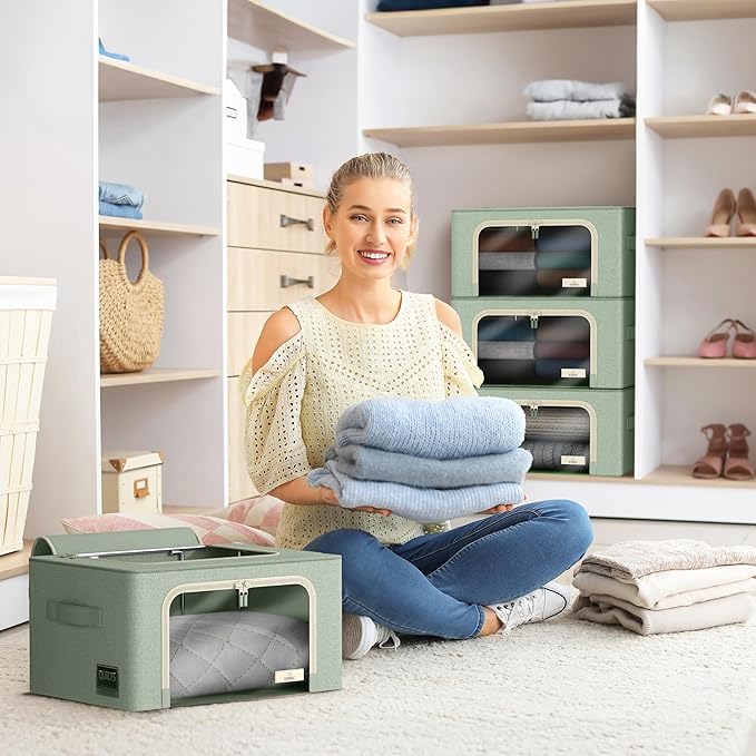 Sorbus Storage Bins with Metal Frame - Stackable & Foldable Clothes Organizer Bags - Oxford Fabric Storage Containers with Large Clear Window & Carry Handles, Bedroom Organization for Bedding & Linen