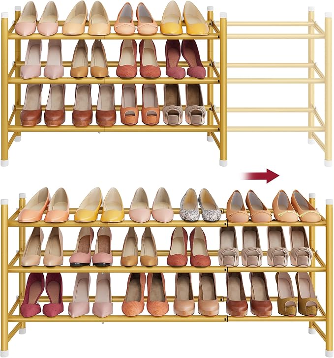Tajsoon Expandable Shoe Rack for Closet 3 Tier, 28“-41“Adjustable & Stackable Shoe Shelf Storage, Metal Shoe Rack Organizer for Front Door Entrance, Closet, Garage, Entryway, Gold