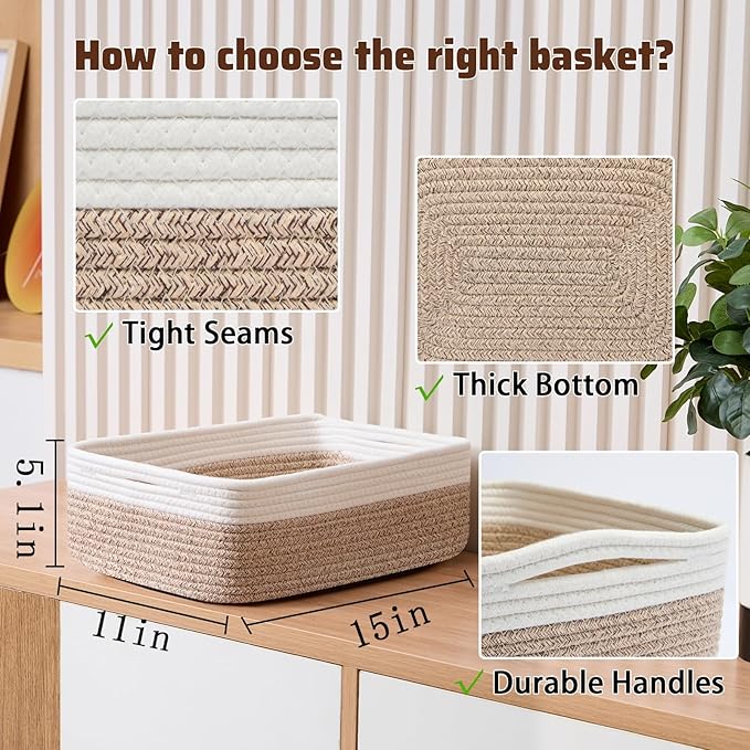 MiniArk Large Shallow Organizing Baskets 15x11x5.1 Inches - Rope Woven Storage Bins for Bathroom, Shelves, Cube Closet, White Mixed Brown 2 Packs