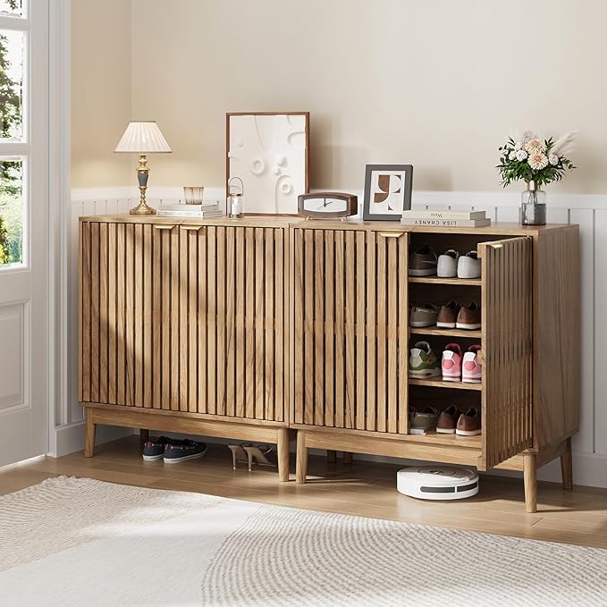 Kiasthome Shoe Storage Cabinet with Ventilated Slatted Doors, Wooden Shoe Organizer, Shoes Rack for Entryway, Hallway, Living Room